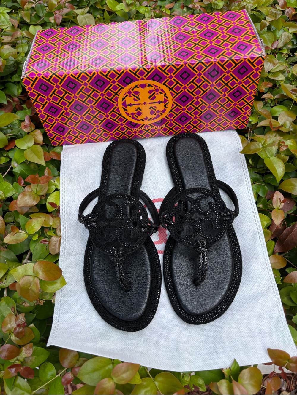 Tory Burch Black Logo Thong Sandals with Medallion